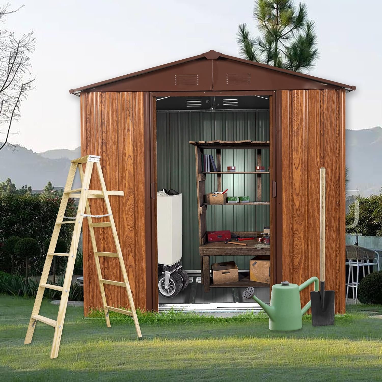 Garden Tools - 6x6FT Metal Outdoor Storage Shed with